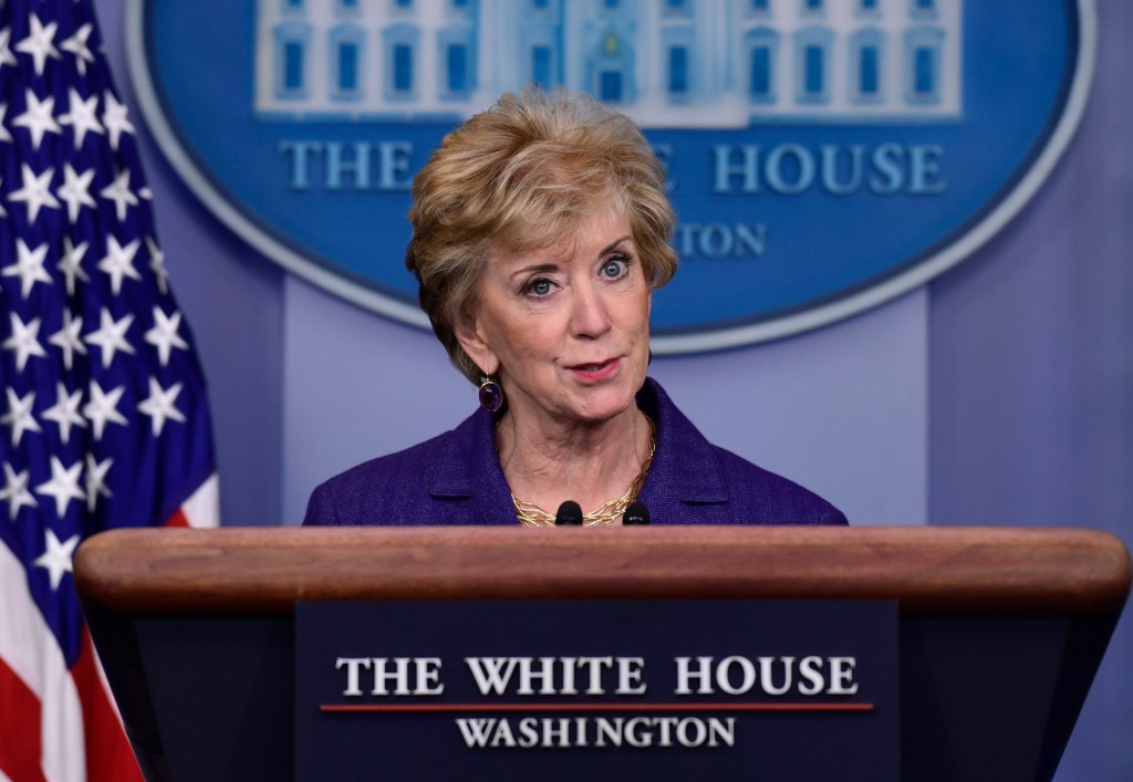 In this Oct. 3, 2018, file photo, Small Business Administrator Linda McMahon speaks during a briefing at the White House in Washington. 